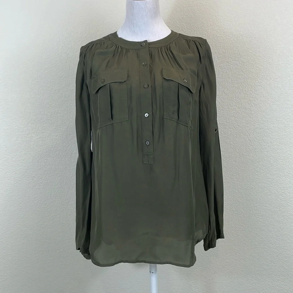 Trina Turk Tops - Trina Turk dark green long sleeve half button down silk blouse size m